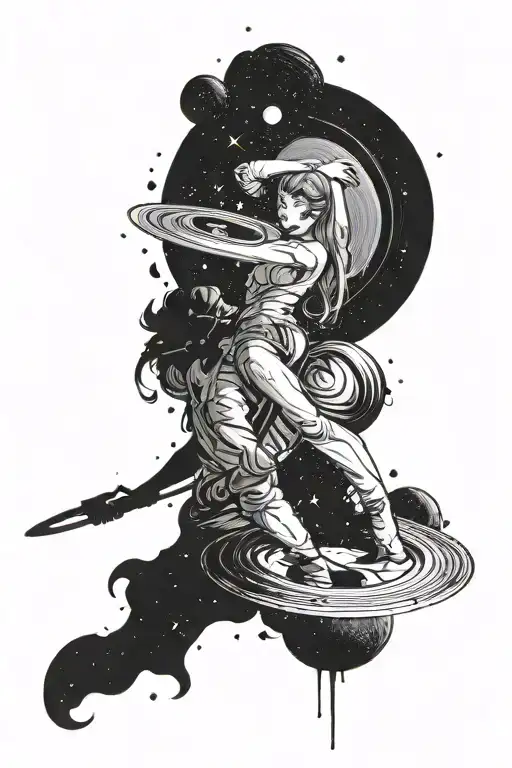 space with Saturn. comets, the infinity sign is hidden in the rings of Saturn. Below is a silhouette of a girl with a guy, the girl on the right. tattoo design idea