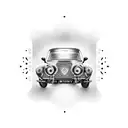 An intricate dotwork tattoo of a vintage car driving through the streets of London, capturing the client's love for both travel and luxury tattoo design idea