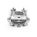 An intricate dotwork tattoo of a vintage car driving through the streets of London, capturing the client's love for both travel and luxury tattoo design idea