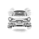 An intricate dotwork tattoo of a vintage car driving through the streets of London, capturing the client's love for both travel and luxury tattoo design idea