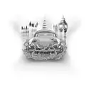 An intricate dotwork tattoo of a vintage car driving through the streets of London, capturing the client's love for both travel and luxury tattoo design idea