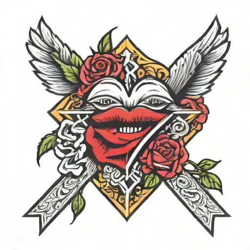 A kiss lip mark and two roses surrounding it to make a heart with a Jesus cross tattoo design idea