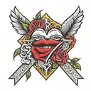 A kiss lip mark and two roses surrounding it to make a heart with a Jesus cross tattoo design idea