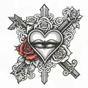 A kiss lip mark and two roses surrounding it to make a heart with a Jesus cross tattoo design idea