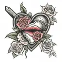 A kiss lip mark and two roses surrounding it to make a heart with a Jesus cross tattoo design idea