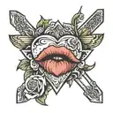 A kiss lip mark and two roses surrounding it to make a heart with a Jesus cross tattoo design idea