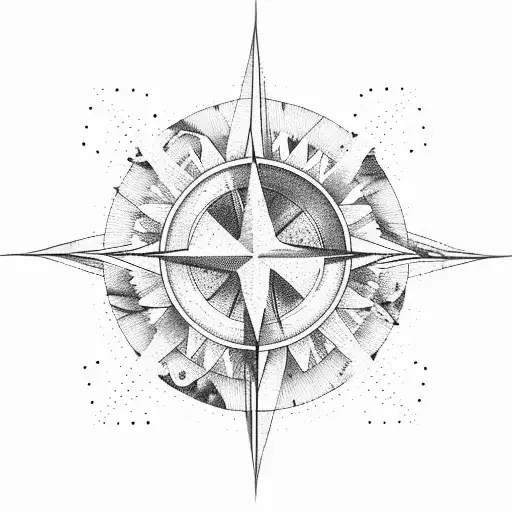 mountains and waves inside the compass black and white tattoo design idea