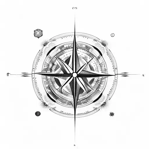 mountains and waves inside compass black and white tattoo design idea