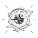 mountains and waves inside the compass black and white tattoo design idea