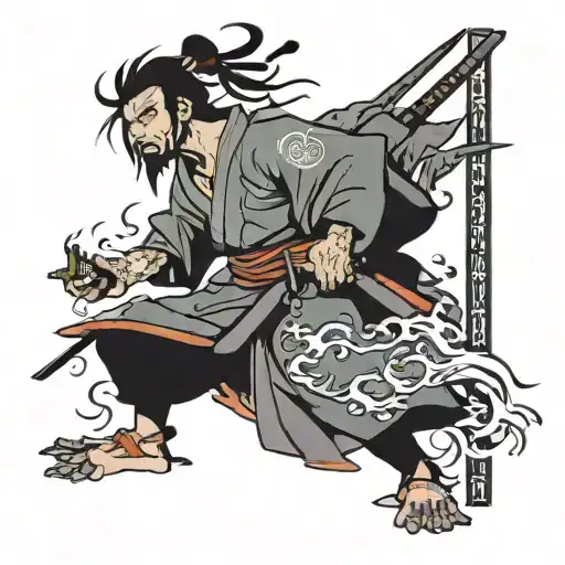 Samurai Jack with "Walking through the valley of the shadow of death" in japanese script to the side of him vertically tattoo design idea