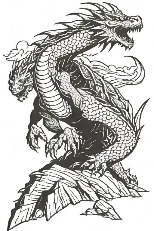 dragon monster cimbing on mountain scene tattoo design idea