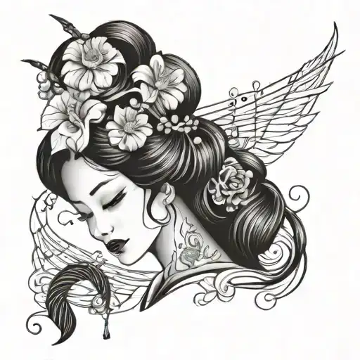 Japanese geisha and hibiscus flowers and musical notes floating tattoo design idea