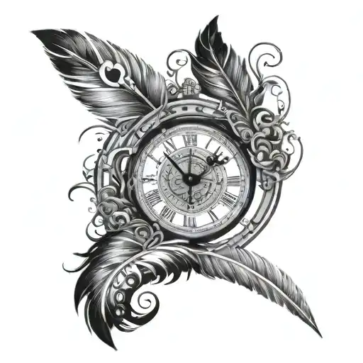 A surreal combination of a feather and a clock merging into one design with sand swirling around them tattoo design idea
