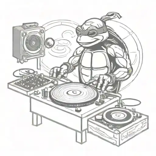 A ninja turtle DJ spinning vinyl records in a lively club scene, combining the client's love for music and ninja turtles tattoo design idea