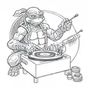 A ninja turtle DJ spinning vinyl records in a lively club scene, combining the client's love for music and ninja turtles tattoo design idea