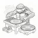 A ninja turtle DJ spinning vinyl records in a lively club scene, combining the client's love for music and ninja turtles tattoo design idea