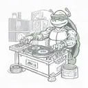 A ninja turtle DJ spinning vinyl records in a lively club scene, combining the client's love for music and ninja turtles tattoo design idea