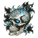 skull without a jaw, with blue flaming heart eyes tattoo design idea