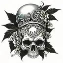 skull without a jaw, with blue flaming heart eyes tattoo design idea