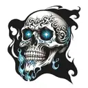 skull without a jaw, with blue flaming heart eyes tattoo design idea