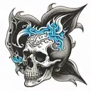 skull without a jaw, with blue flaming heart eyes tattoo design idea