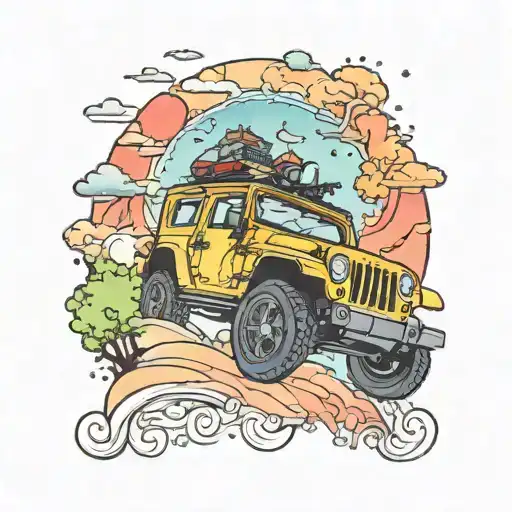 A whimsical tattoo design featuring a Rubicon jeep driving through a colorful fantasy landscape, with each of your 6 little kids peeking out of the windows tattoo design idea