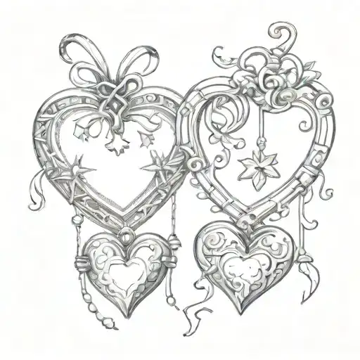 2 heart shaped lockets with bows as the strings with a sun on one locket and moon(crescent moon) on the other  tattoo design idea