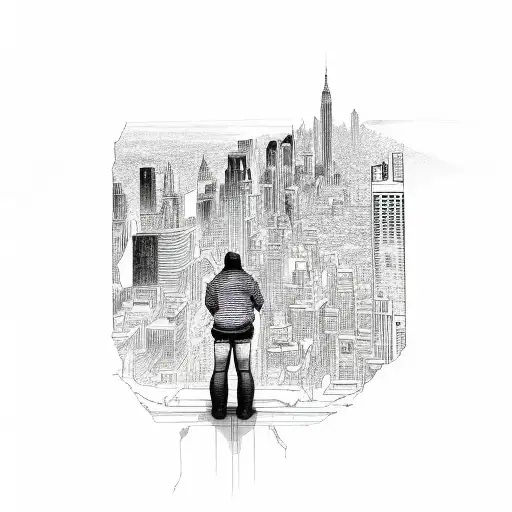 A guy standing in middle of city view while his arms open and ripping apart the city view with his hands tattoo design idea