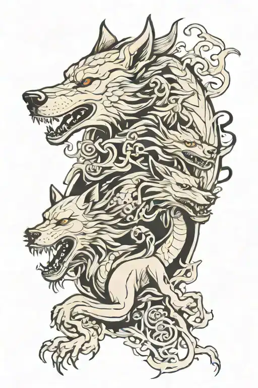 wolf and dragon surrounded tattoo design idea