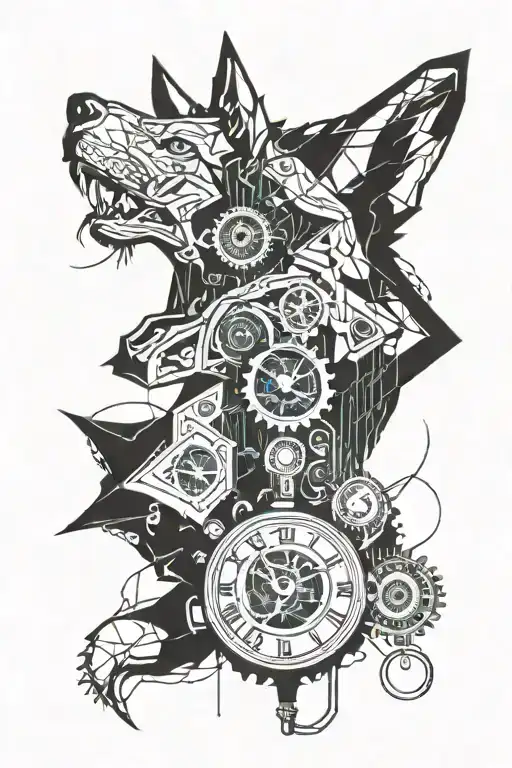 wolf looking forward with pocket watch mechanism intertwined tattoo design idea