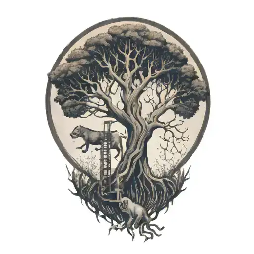 A tree with DNA roots morphing into a rat, rabbit, monkey, and dog climbing on its branches tattoo design idea
