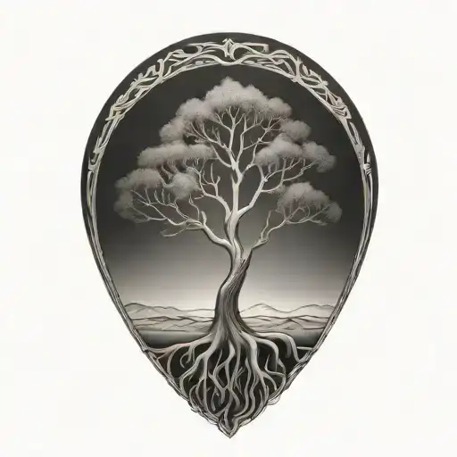 tree with DNA strand roots and animals in branches  tattoo design idea