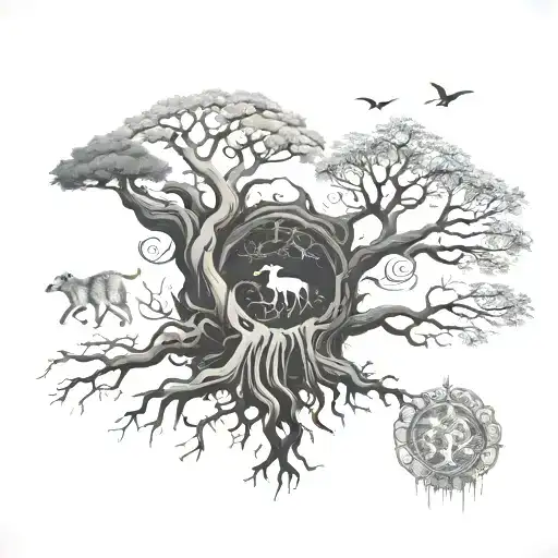 tree with DNA roots and animals in the branches (Rat, Rabbit, Monkey, Dog)  tattoo design idea