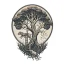 A tree with DNA roots morphing into a rat, rabbit, monkey, and dog climbing on its branches tattoo design idea