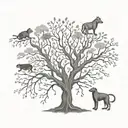 simple tree with DNA roots and 4 animals in the branches (Rat, Rabbit, Monkey, Dog)  tattoo design idea