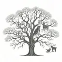 simple tree with DNA roots and 4 animals in the branches (Rat, Rabbit, Monkey, Dog)  tattoo design idea