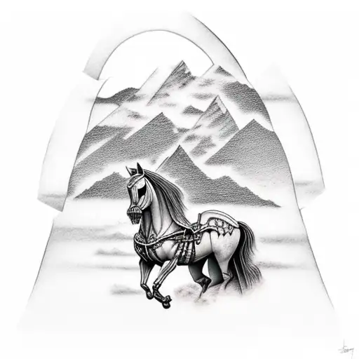 broken window serenade with mountain scene and skeleton horse tattoo design idea