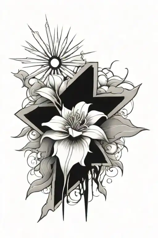 Cross with sun rays and one flower tattoo design idea