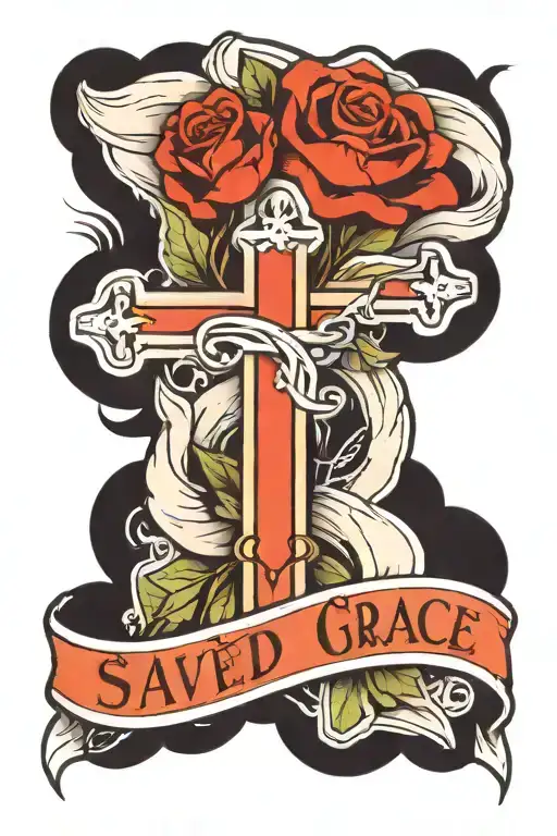 Saved by Grace banner, Cross, Nature tattoo design idea