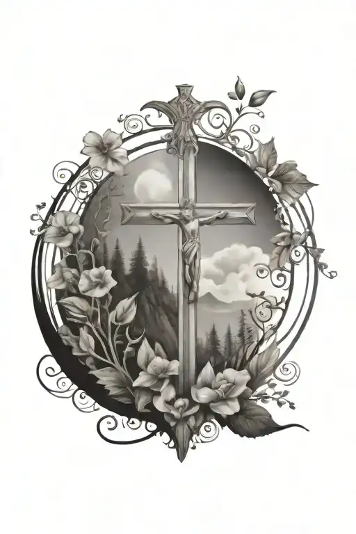 Grace in banner, Cross in Nature tattoo design idea