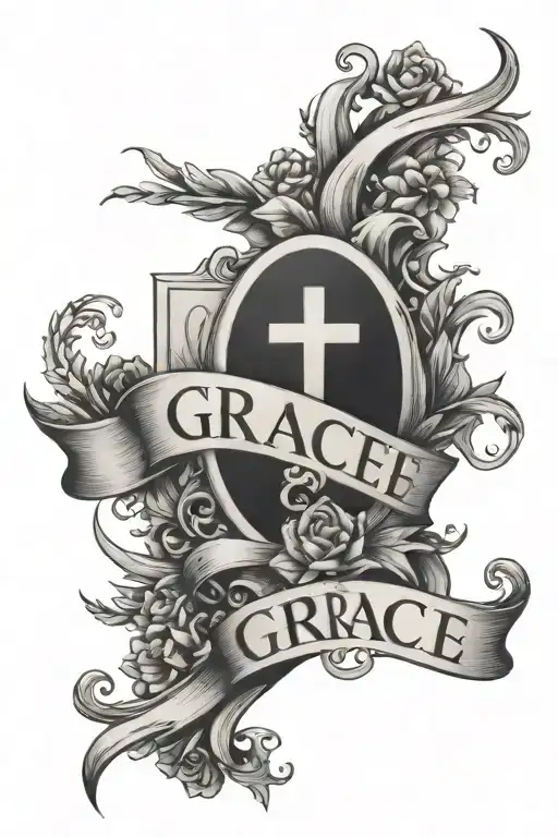 Grace name in banner, Cross in Nature tattoo design idea