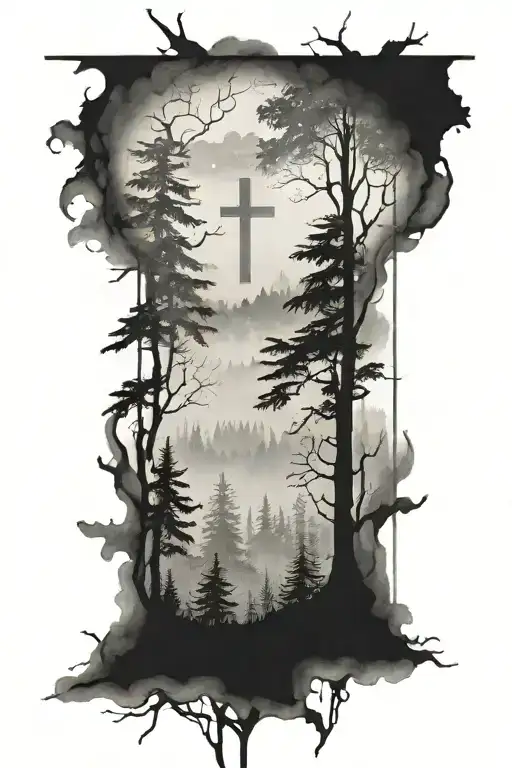 A serene forest landscape with a hidden cross among the trees tattoo design idea