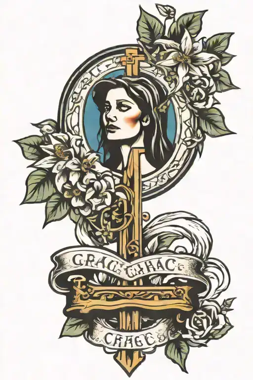 Grace in banner, Cross in Nature tattoo design idea