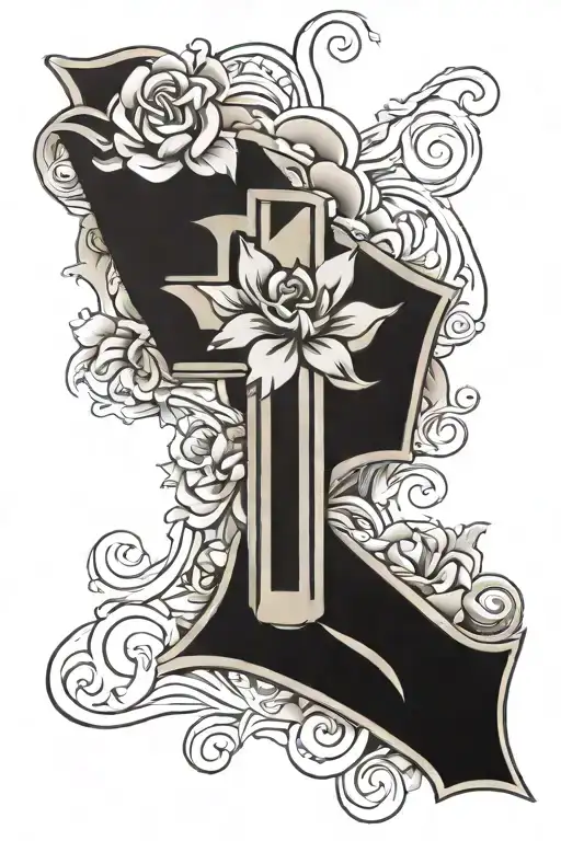 Grace in a banner, Cross in single flower tattoo design idea