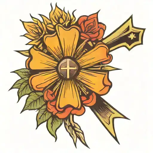 Cross with sun rays and one flower tattoo design idea