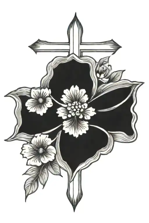 Cross with single flower growing tattoo design idea