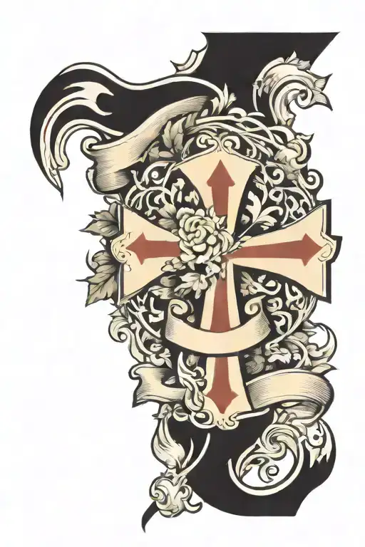 Grace in a banner, Cross in Nature scene tattoo design idea