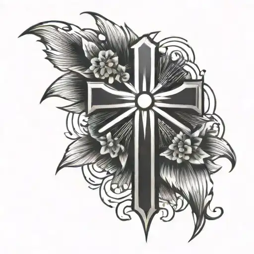 Cross with sun rays and one flower tattoo design idea