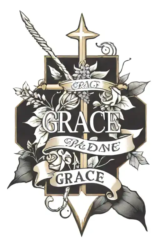 Grace name in banner, Cross in Nature tattoo design idea