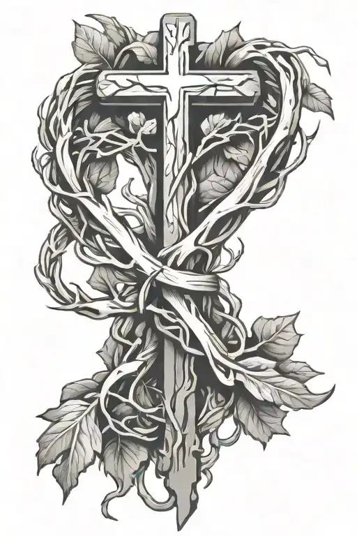 roots leaves and cross intertwined tattoo design idea